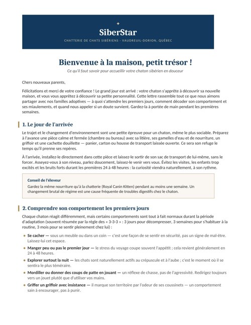 Lettre de bienvenue SiberStar